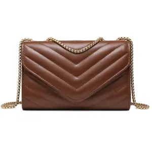 Fashion quilted soft lamb clutch bags coffee leather women evening bag with long chain