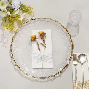 Home & Professional Fine Dining 13" Clear Glass Metallic Gold Scallop Edged Charger Plates For Events Table Decoration