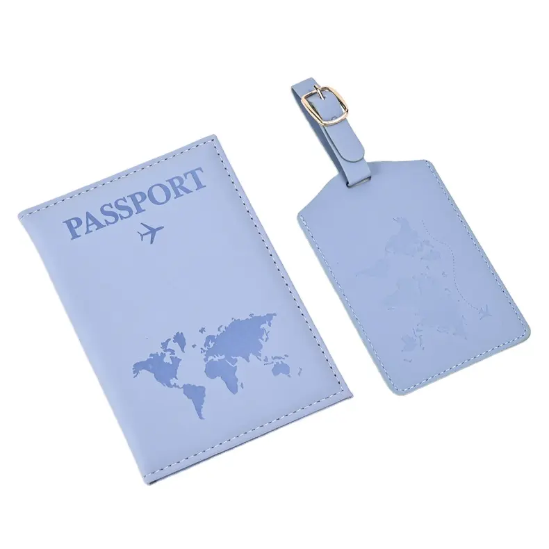 Nouveau PU passeport couverture étiquette de bagage ensemble pour voyage carte du monde imprimé valise étiquettes ensemble couleur unie voyage cadeaux peut emballage personnalisé