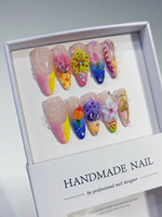 Uñas Acrílicas Postizas Hechas a Mano con Flores 3D Coloridas, Uñas Almendradas con Degradado Arcoíris, Decoración con Anillos Metálicos y Dijes de Diamantes de Imitación