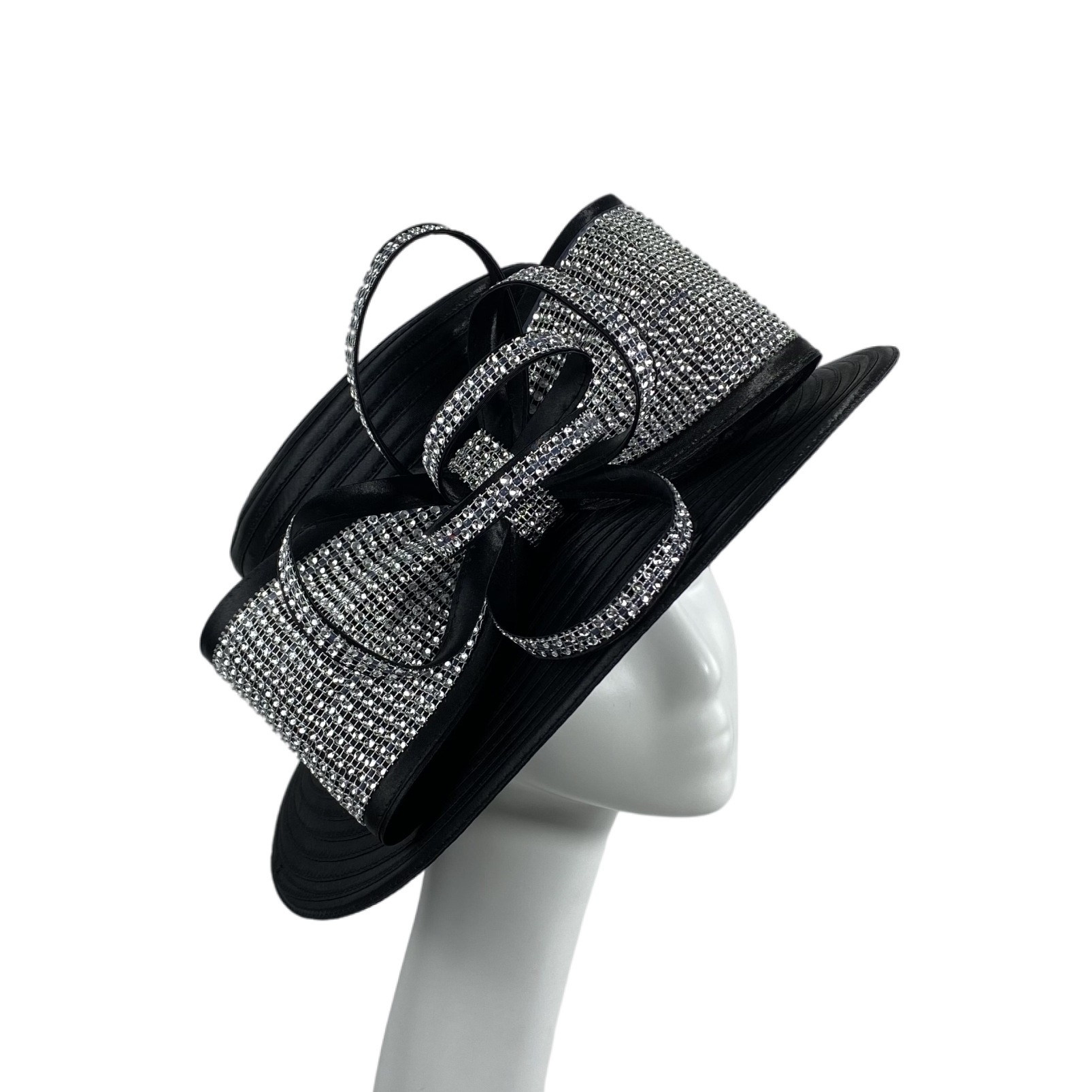 New Fashion Women Black Rhinestone Bowknot Satin Church Hat