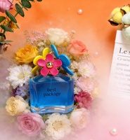 Flacon de parfum en verre transparent violet personnalisé de haute qualité avec bouchon en forme de fleur blanche