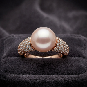 Anillo de Cóctel de Oro Rosa con Perla y Banda de Diamantes Pavé, Joyería de Lujo para Mujer, Anillo de Compromiso - Product Image 3