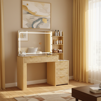 Coiffeuse moderne en bois de chêne avec prises électriques, miroir lumineux (3 modes), plateau en verre et 5 tiroirs pour rangement de bijoux - Modèle