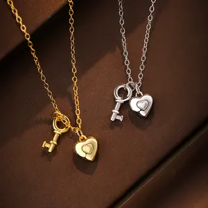 New Trend 925 sterling silver 18k gold plated glossy jewelry heart and key pendant necklace for women