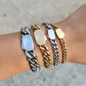 NUOYA perhiasan Hip Hop 12MM gelang pria dari baja tahan karat Miami Cubana gelang Tautan kustom berlapis emas 18K