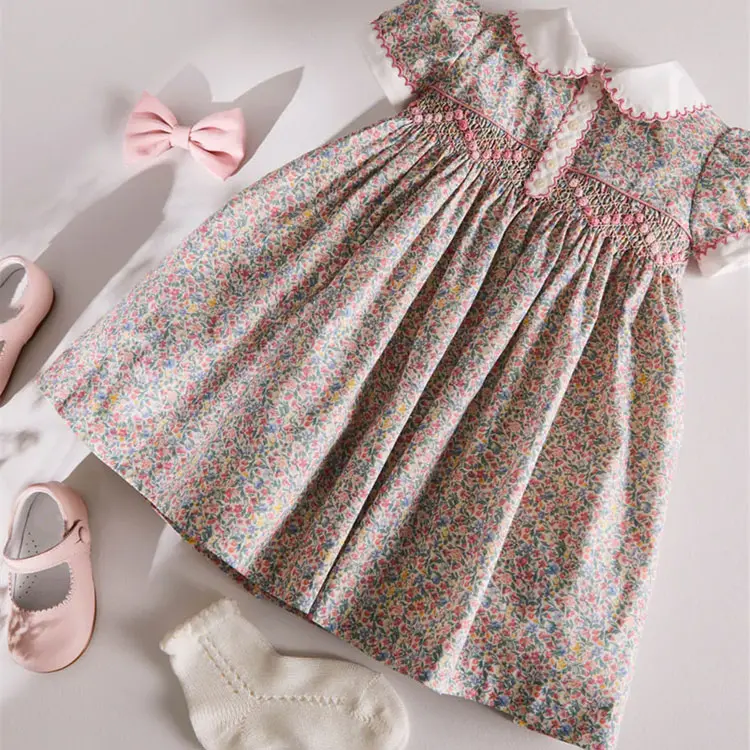 Elegant Evening Luxury Baby Designs Fashion High Quality Cute Smocked Floral Puff Sleeve Custom Girls Dresses