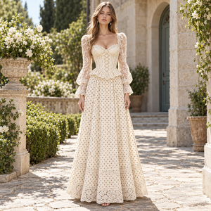 Robe de soirée romantique en dentelle, coupe trapèze, longueur ras du sol, col cœur, manches à volants, brodée à pois, ajustée, pour le printemps - Product Image 1
