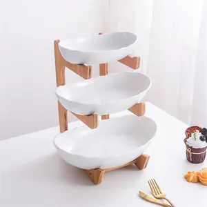 Hot Sale Home Tableware 3 Tiers Porcelain Salad Fruit Bowl Ceramic Serving Bowls With Wooden Stand