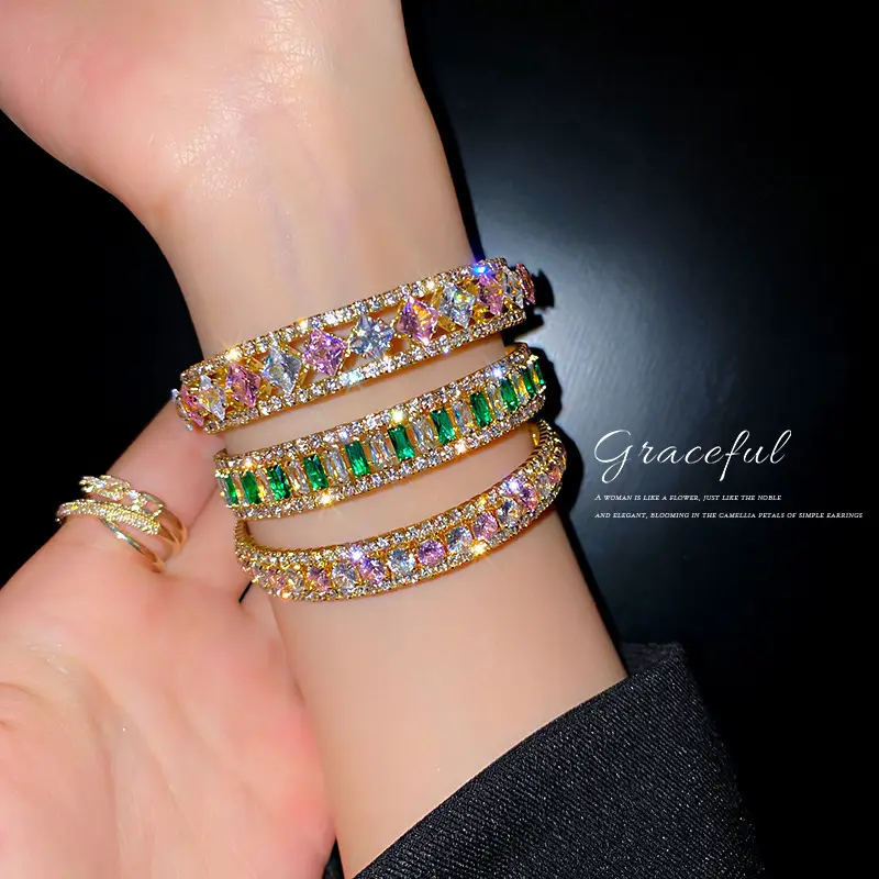 Hot sale color round cut tennis bracelet women jewelry punk gold plated full green pink zircon bracelet