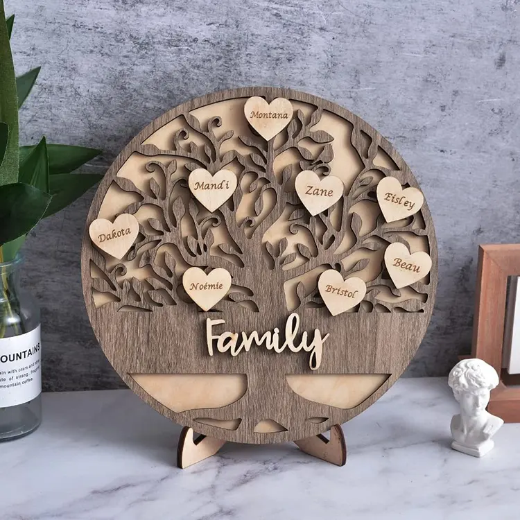 Decoratie Naambord Handgemaakte Houten Stamboom Gepersonaliseerde Familie Natuurlijke Houtkleur Gesneden Kunst & Verzamelbare Gravure 24Cm