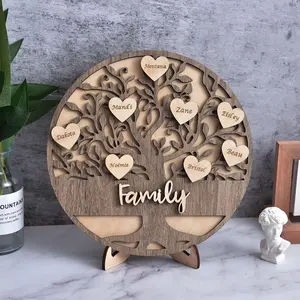 Handgemaakte houten decoratie stamboom gepersonaliseerd familienaam teken met namen op hart vorm