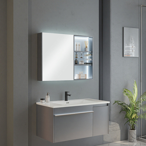 Mobile Bagno Moderno Grigio Sospeso in Legno Massello con Lavabo Integrato in Ceramica e Specchio LED Intelligente - Product Image 5