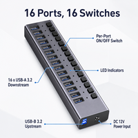 16 Portlu Güçlendirilmiş USB 3.2 Gen2 Hub, 10Gbps, 16x USB-A, Ayrı Ayrı Anahtarlı, Alüminyum Çoklu Portlu Hub