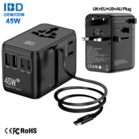 Adaptateur de voyage universel IBD PD 45W QC3.0 avec 3 ports Type-C et 2 ports USB pour ordinateur portable/appareil photo - Chargeur mural portable (US/EU/AU/UK)