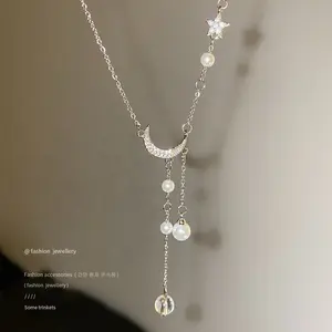 Gargantillas chapadas en platino de acero inoxidable 316L, collar de moda para mujer, luna creciente brillante, estrellas con perlas, collar de fiesta, regalo