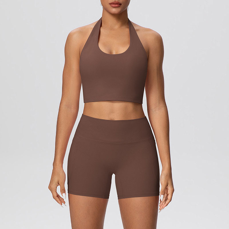 Solid Pocket 2 Piece Short Sets Sport Wear Women Yoga Set Sexy Halter Tops Gym Fitness Workout Sets for Women