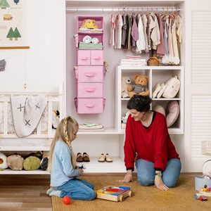 Organisateur de placard suspendu 6 étagères 5 tiroirs avec poches latérales pour le rangement des vêtements, utilisation en chambre, tissu non tissé - Product Image 2