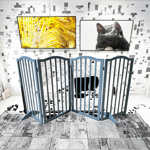 Barrière pour chien en bois moderne rétractable à dessus arqué avec fermeture à <span class=keywords><strong>bouton</strong></span> pour chiens et chats - Séparateur de pièce pliable autoportant - Product Image 6