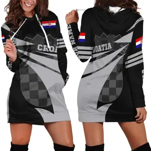 Flag Pattern Clothes Black/Gray Women Ladies Hooded Dresses With Pocket Croatia Hoodie Dress Flag Jersey Hooded Long Dresses