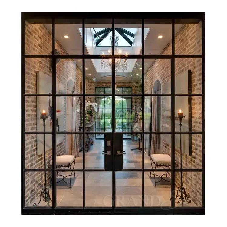 Porte extérieure de maison moderne porte d'entrée en verre trempé double porte en fer forgé design