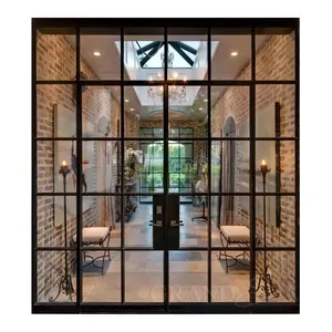 Puerta exterior de casa moderna, puerta de vidrio templado doble, entrada, diseño de puerta de hierro forjado