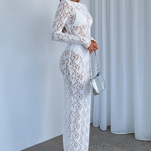 เดรสยาวแฟชั่นผู้หญิงแบบใหม่ เซ็กซี่ โชว์เนื้อผ้าลายลูกไม้ฉลุลายดอกไม้ ซีทรู ทรงเข้ารูป - Product Image 4