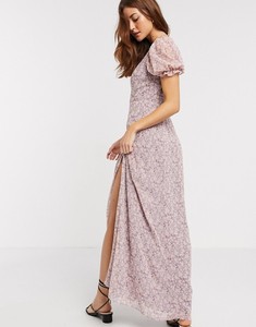 Manga corta vestido maxi floral de gasa en púrpura/para invitados a la boda vestido de <span class=keywords><strong>fiesta</strong></span> - Product Image 3