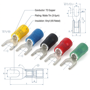 Embout à sertir fourche T2 en <span class=keywords><strong>cuivre</strong></span>, anti-corrosion, avec gaine <span class=keywords><strong>PVC</strong></span>, 16-10 AWG, pour applications automobiles et marines, conforme ISO9001, ignifuge, haute performance - Product Image 1