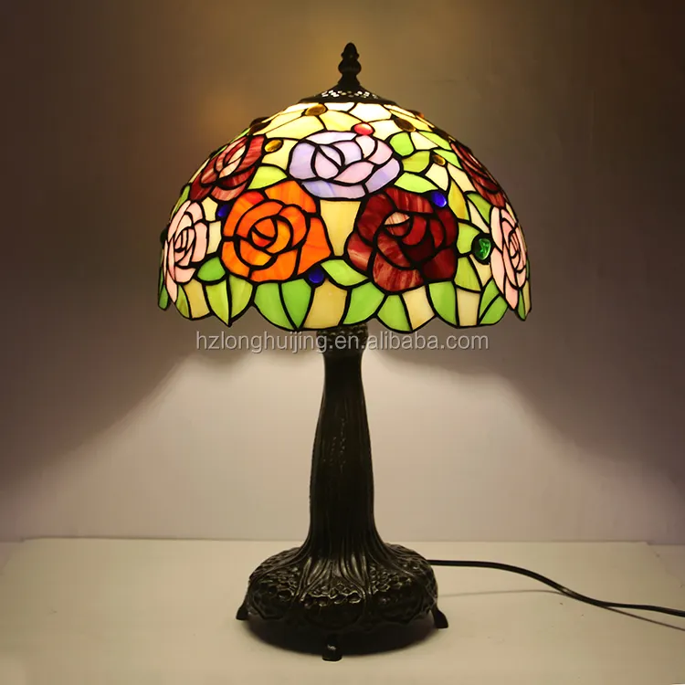 Longhuijing Rozenpatroon Gebrandschilderd Glas Lampenkap Bureaulamp Tiffany Stijl Kunst Tafellamp Met Zinklegering