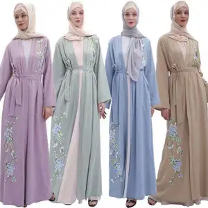 2019 Eid 축하 여성 맥시 최신 패션 이슬람 블랙 수 놓은 두바이 기모노 카디건 오픈 Abaya