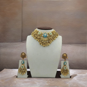 Grand Traditional <b>Silver</b> Bridal Choker <b>Necklace</b> <b>Set</b> Blue Teardrop Stone Green Accents Long Dangle Earrings Traditional Jewelry - Product Image 3