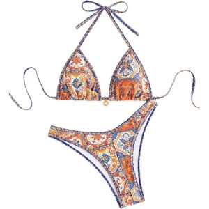Women's Boho High Cut Bikini Set Halter Triangle Padded 2 Piece Retro Swimsuit Printed Spandex Polyester - Product Image 1