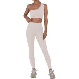 Fisoew Yoga Set Women 2 Piece High Waisted Leggings One Shoulder Sports <b>Bra</b> Stretchy Asymmetric Workout Gym Outfit - Product Image 1
