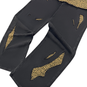 High Quality 100% Cotton Gold Leopard Print Patchwork Cutout Wide Leg Pants <b>Men's</b> Elastic Waist Drawstring Hem Streetwear - Product Image 3