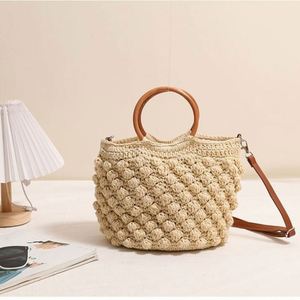 Sac bandoulière tressé en paille pour femme, nouveau sac de plage avec poignée en bois, sac de vacances en paille avec fermeture éclair - Product Image 3