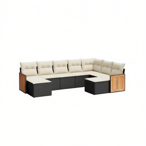 Conjunto de Sofá de Jardín de Ratán Sintético Negro de 9 Piezas con Patas Ajustables, Muebles de Exterior de Diseño Contemporáneo con Paneles de Madera de Teca - Product Image 1
