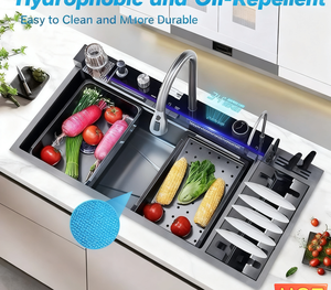 Évier de cuisine <span class=keywords><strong>noir</strong></span> en acier inoxydable à deux bacs, avec robinet cascade monobloc de 40 pouces, design nid d'abeille bionique, nouvelle tendance TikTok - Product Image 5