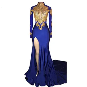 2020 Vrouwen Mermaid Hoge Hals Prom Dress New Gold Applique Lange Mouwen Split Avondjurken Royal Blue Sweep Trein prom Jurken