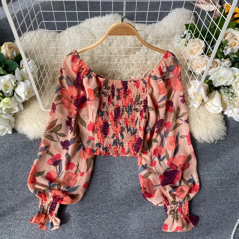 TW863A 2020 Hot trend Fashion Puff Sleeve Flower Print Crop Top Chiffon Blouse Short Shirt Women Blouse