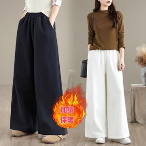 Women's Cotton Linen Fleece <b>Lined</b> Wide Leg <b>Pants</b> Loose Fit Warm Thickened Casual Floor Length Trousers Autumn Winter Style - Product Image 1