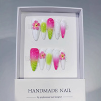 Lot de 10 faux ongles amande faits main, base blanche, dégradé rose-vert, avec fleurs 3D et pierres – Style ongles amande