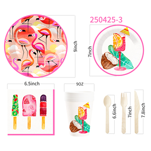 Juego de vajilla desechable con temática de flamencos DAMAI, platos de papel color morado claro para fiestas de verano en la playa, para 8 personas. - Product Image 6