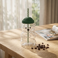 Nouvelle tasse en verre Bear avec couvercle et paille, mugs mignons, tasse en verre pour barista, verre borosilicate recyclable, cadeau de Noël, verrerie