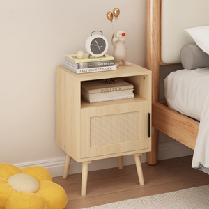 Rattan Nightstand With Door Open <b>Shelf</b> Solid Wood Legs Bedroom Side Table Accent End Table - Product Image 2