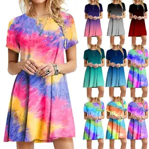 2023 Hot Selling Ladies Clothes Explosive Slim Fit Rainbow Tie-Dye Printed Dress