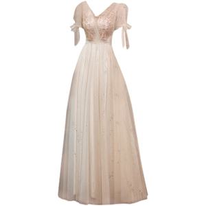 Nouveaux styles 2026, nouvelle conception 2021, robe de soirée élégante à manches bouffantes courtes, applique en dentelle organza, robe longue évasée de couleur champagne, style féerique, coupe ajustée - Product Image 5