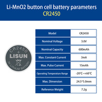 Batería de Botón de Litio Primaria LISUN CR2450 3V 600mAh para Relojes, Relojes de Bolsillo, Electrónica de Consumo y Herramientas Eléctricas