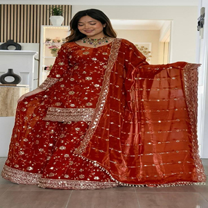 Conjunto de Top, Sharara y Dupatta de Seda Naranja Indio y Pakistaní con Bordado y Lentejuelas, Completamente Cosido, Listo para Usar, Ideal para Fiestas de Diwali - Product Image 1