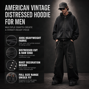 Vente en gros de sweats à capuche zippés pour hommes, 400G, coupe oversize, style streetwear, effet vieilli, bords bruts, décorés de rivets, fournisseur OEM, vente en gros - Product Image 6